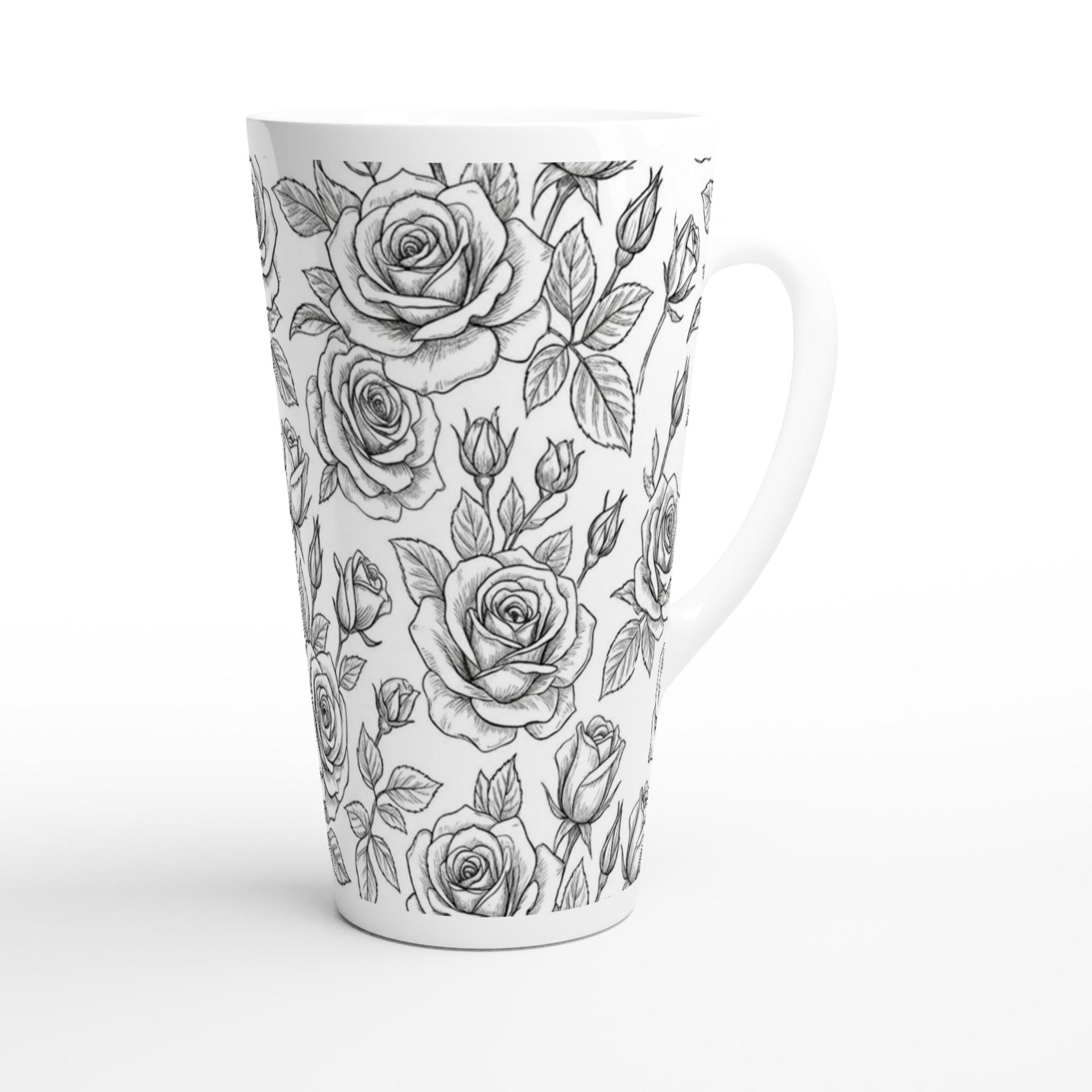 Set of 3 Cups, Floral, 17oz Latte Ceramic Mugs Set - Extra Tall Cup Set