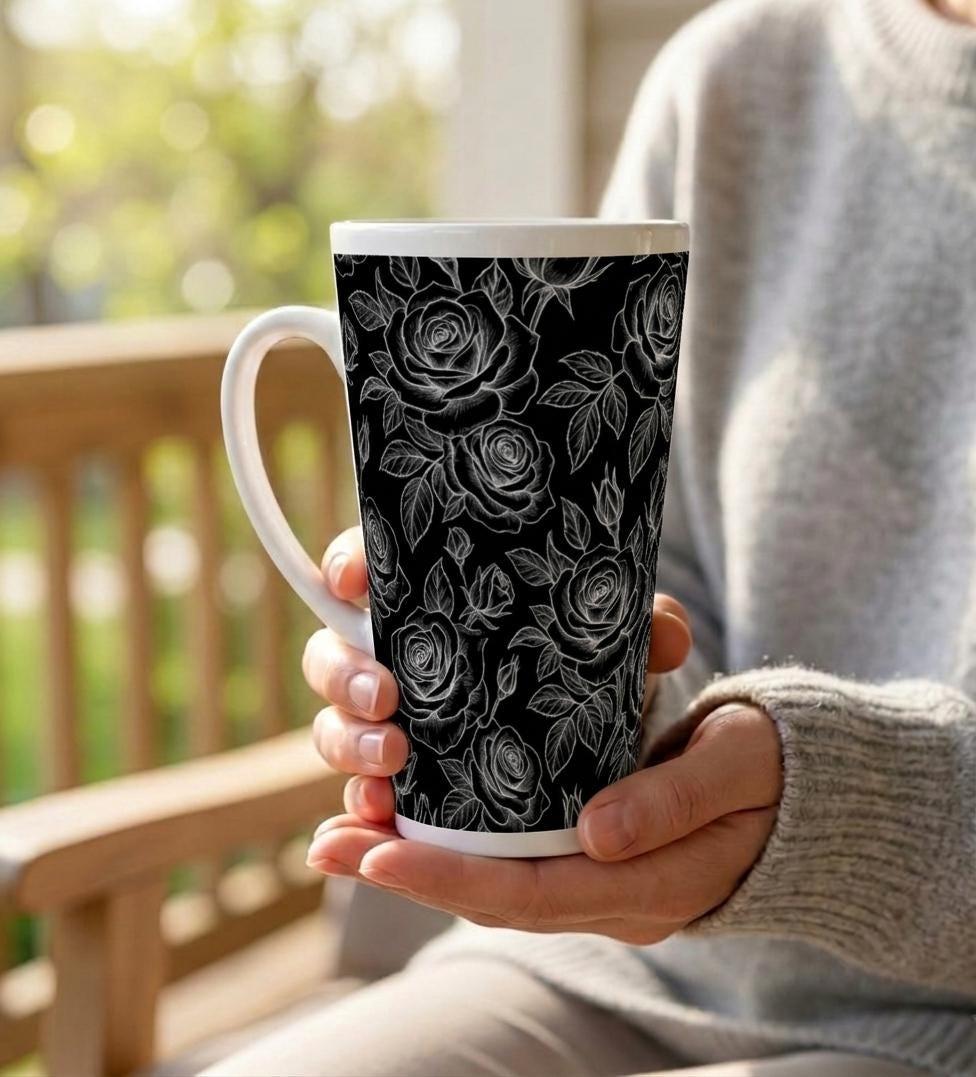 Set of 3 Cups, Floral, 17oz Latte Ceramic Mugs Set - Extra Tall Cup Set