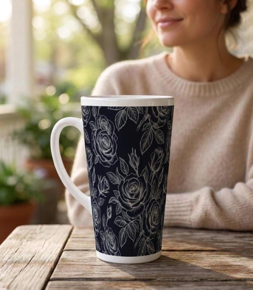 Set of 3 Cups, Floral, 17oz Latte Ceramic Mugs Set - Extra Tall Cup Set