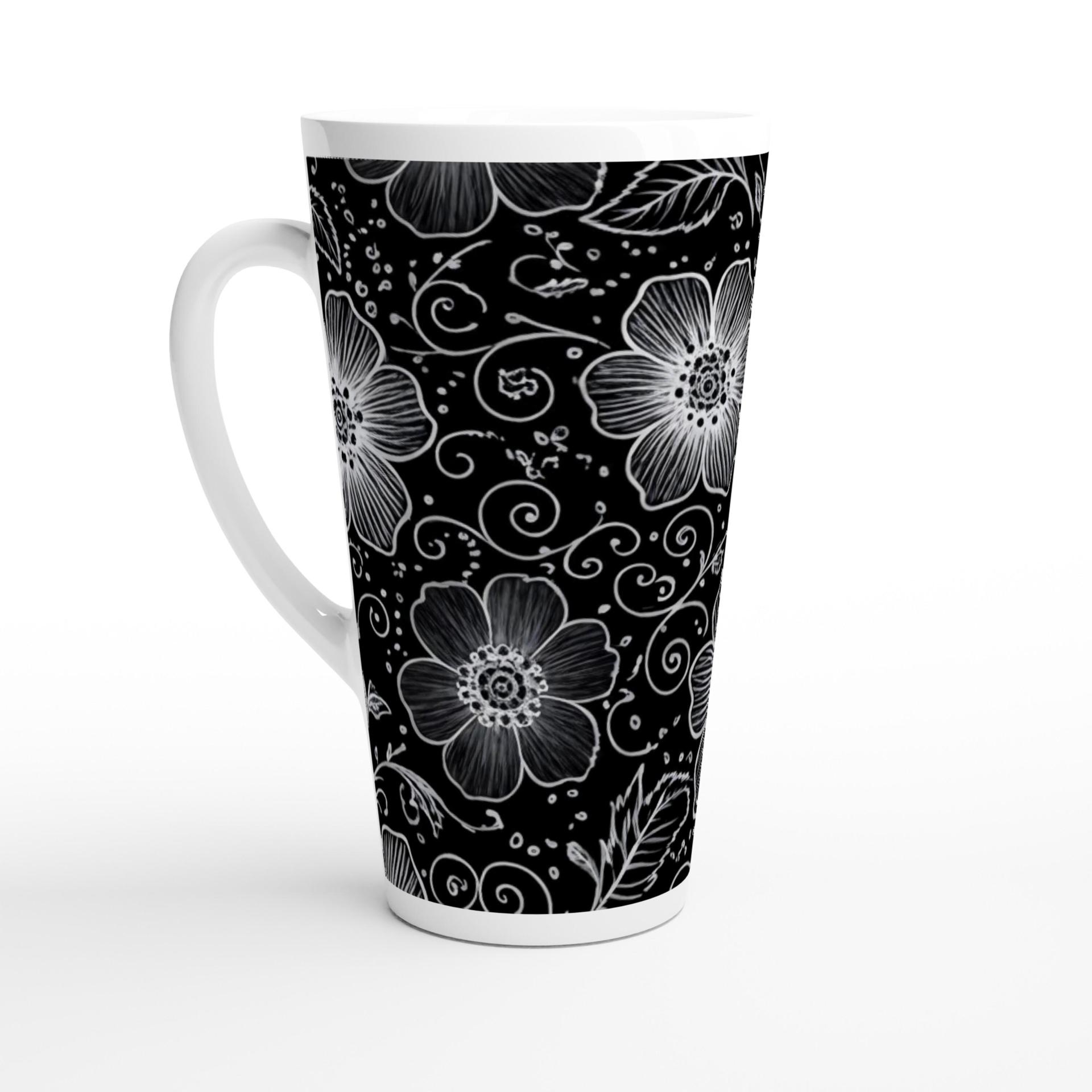 Set of 3 Cups, Floral, 17oz Latte Ceramic Mugs Set - Extra Tall Cup Set