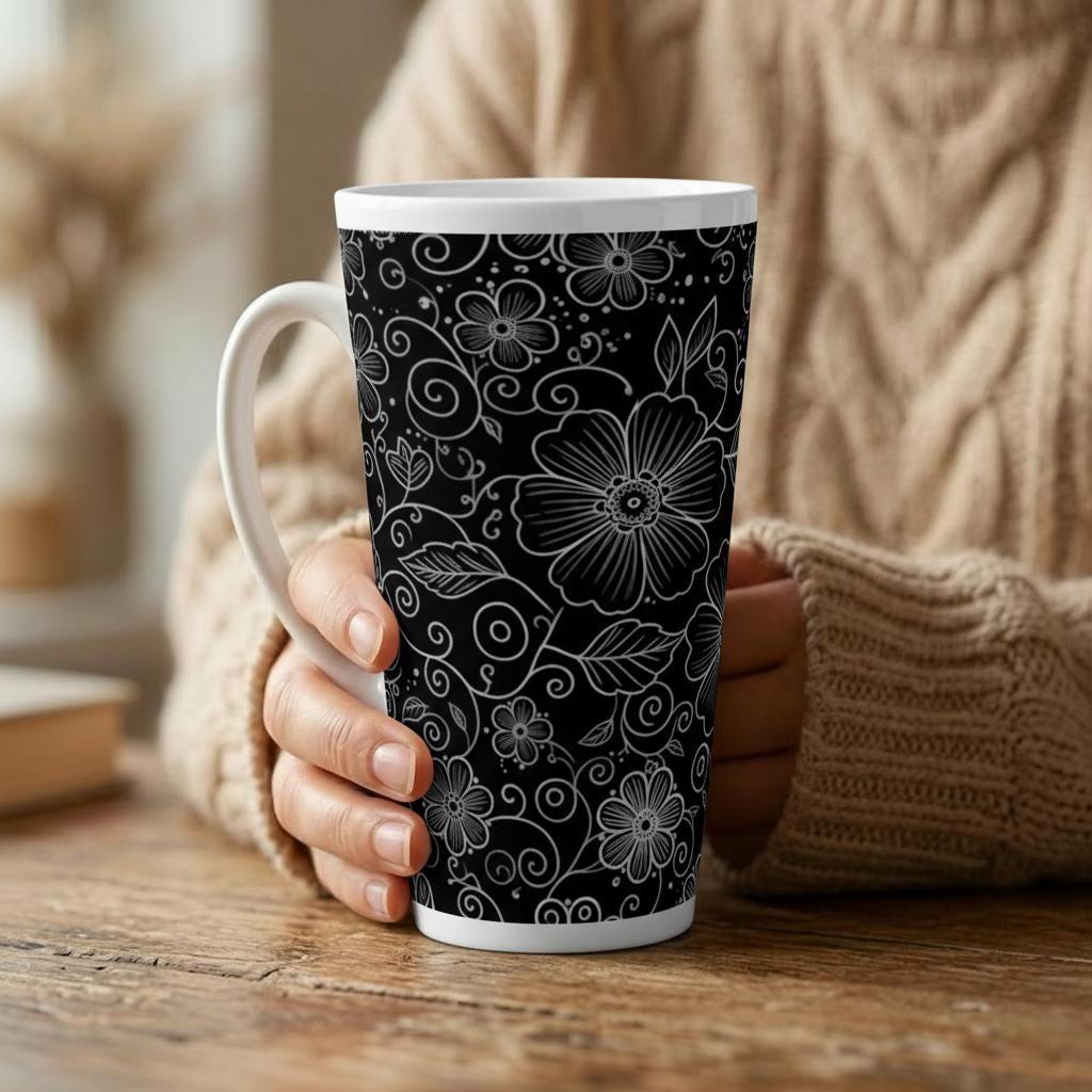 Set of 3 Cups, Floral, 17oz Latte Ceramic Mugs Set - Extra Tall Cup Set