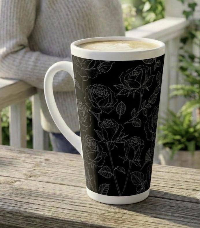 Set of 3 Cups, Floral, 17oz Latte Ceramic Mugs Set - Extra Tall Cup Set