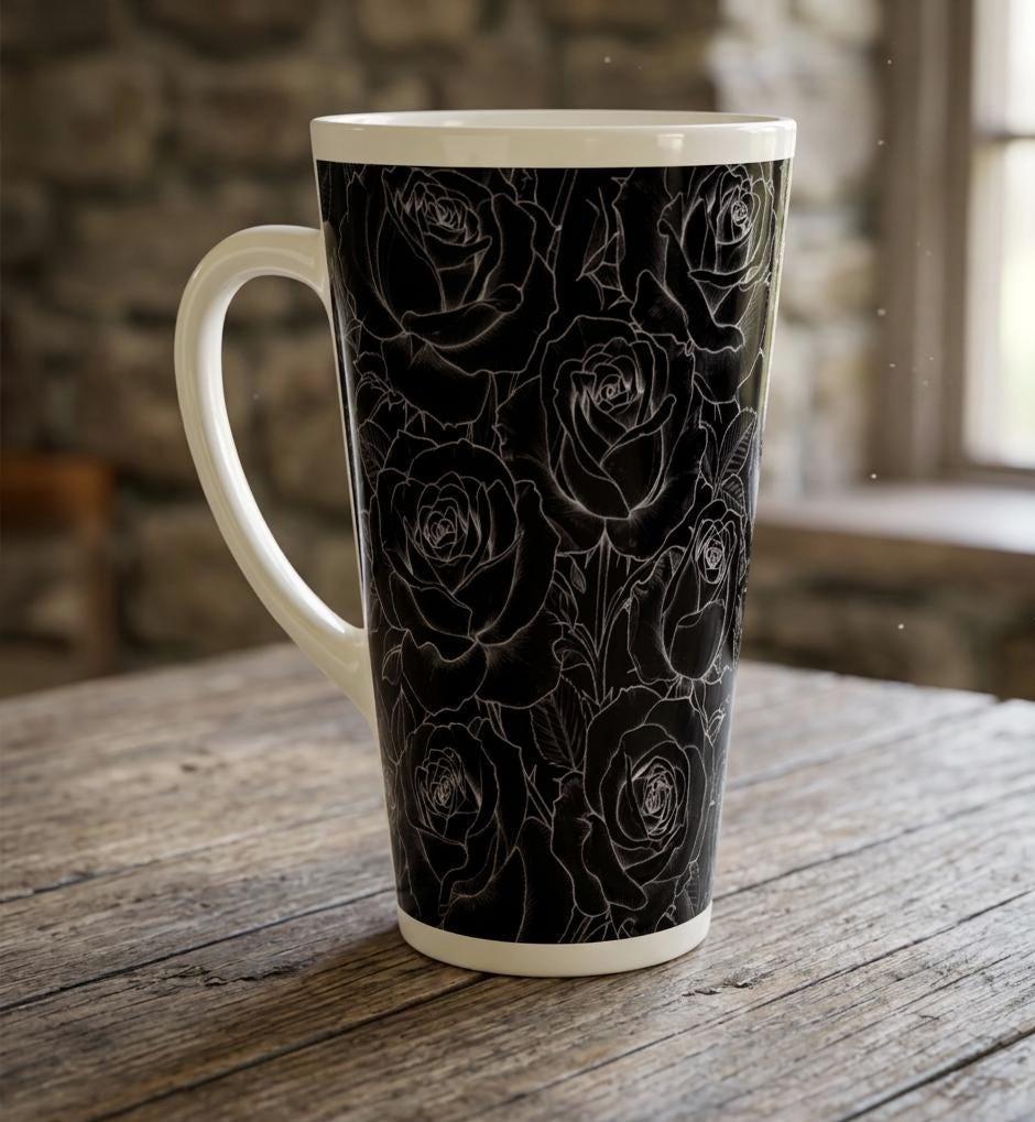 Set of 3 Cups, Floral, 17oz Latte Ceramic Mugs Set - Extra Tall Cup Set