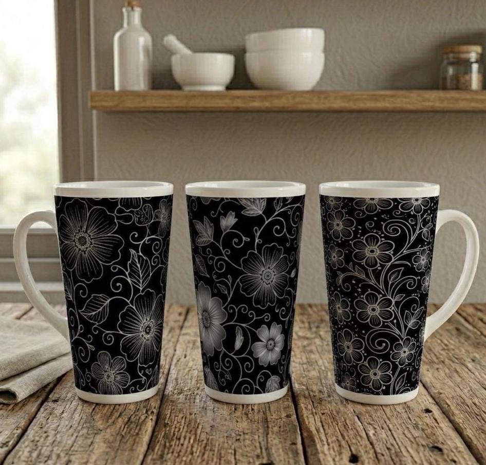Set of 3 Cups, Floral, 17oz Latte Ceramic Mugs Set - Extra Tall Cup Set