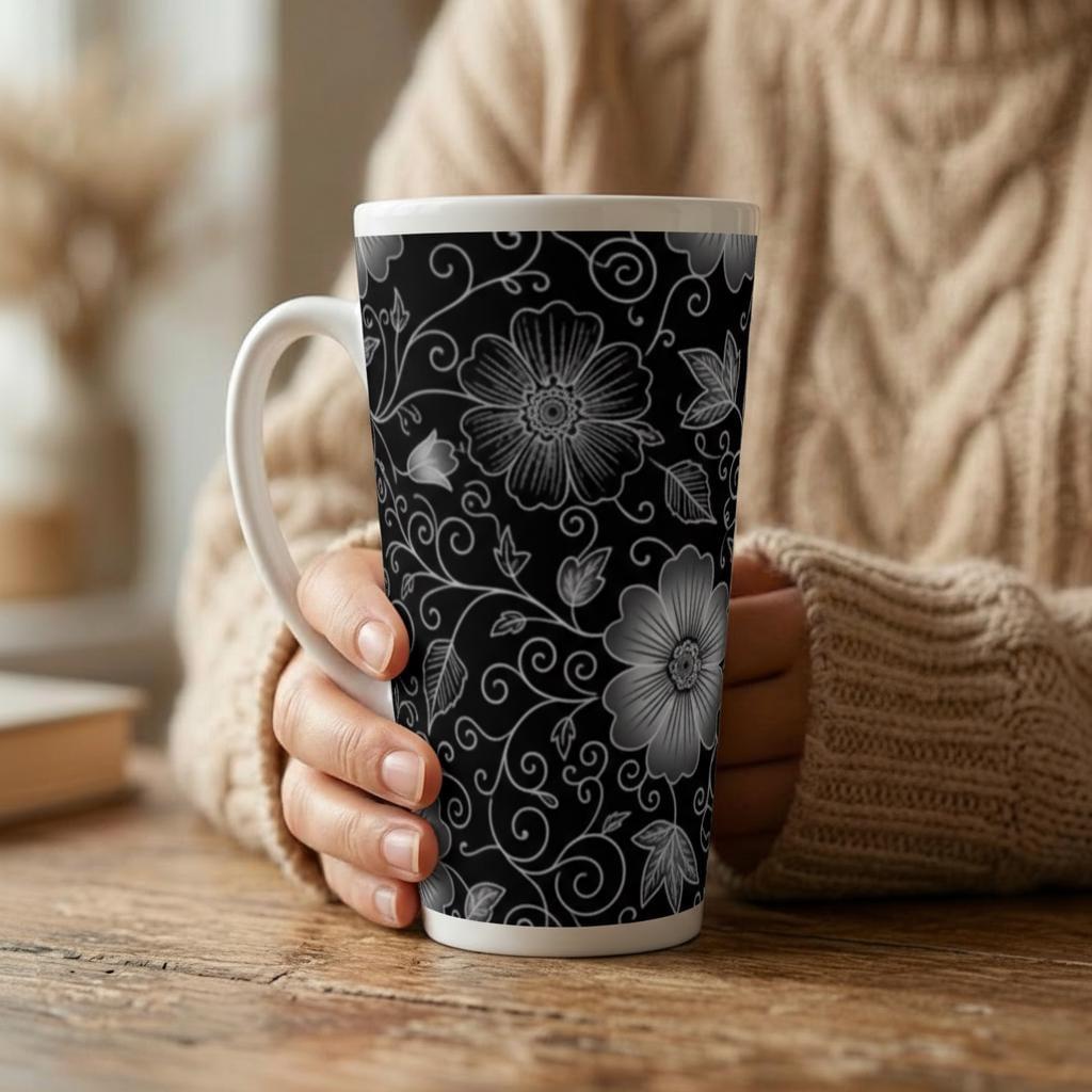 Set of 3 Cups, Floral, 17oz Latte Ceramic Mugs Set - Extra Tall Cup Set