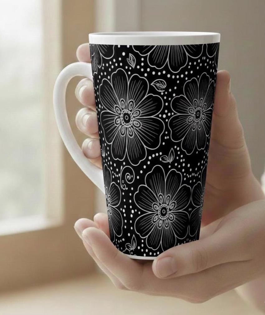 Set of 3 Cups, Floral, 17oz Latte Ceramic Mugs Set - Extra Tall Cup Set