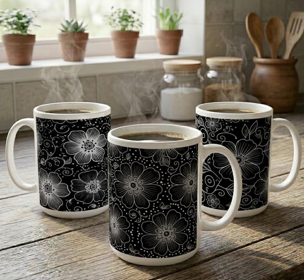 Set of Big Mugs, Floral Cup Set, Large 15 oz Matching Cups