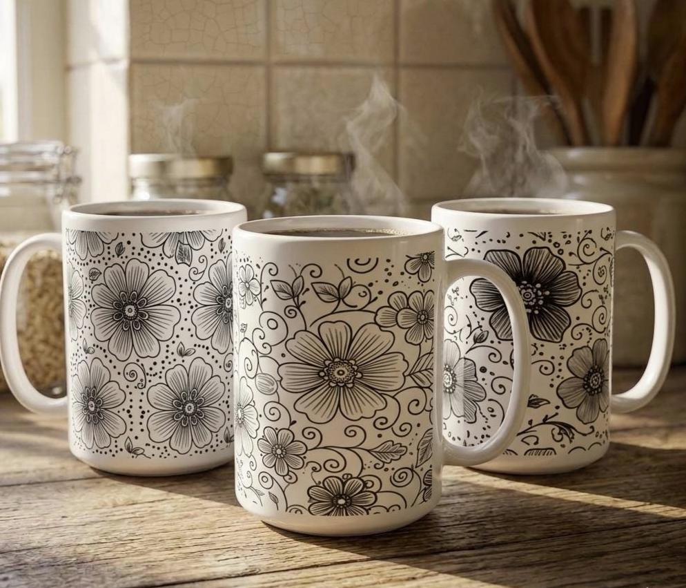 Set of Big Mugs, Floral Cup Set, Large 15 oz Matching Cups