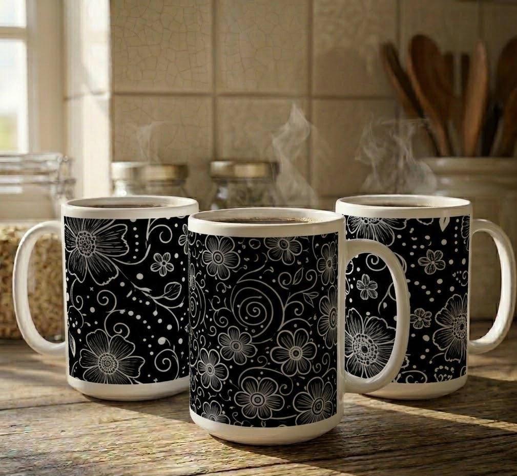 Set of Big Mugs, Floral Cup Set, Large 15 oz Matching Cups