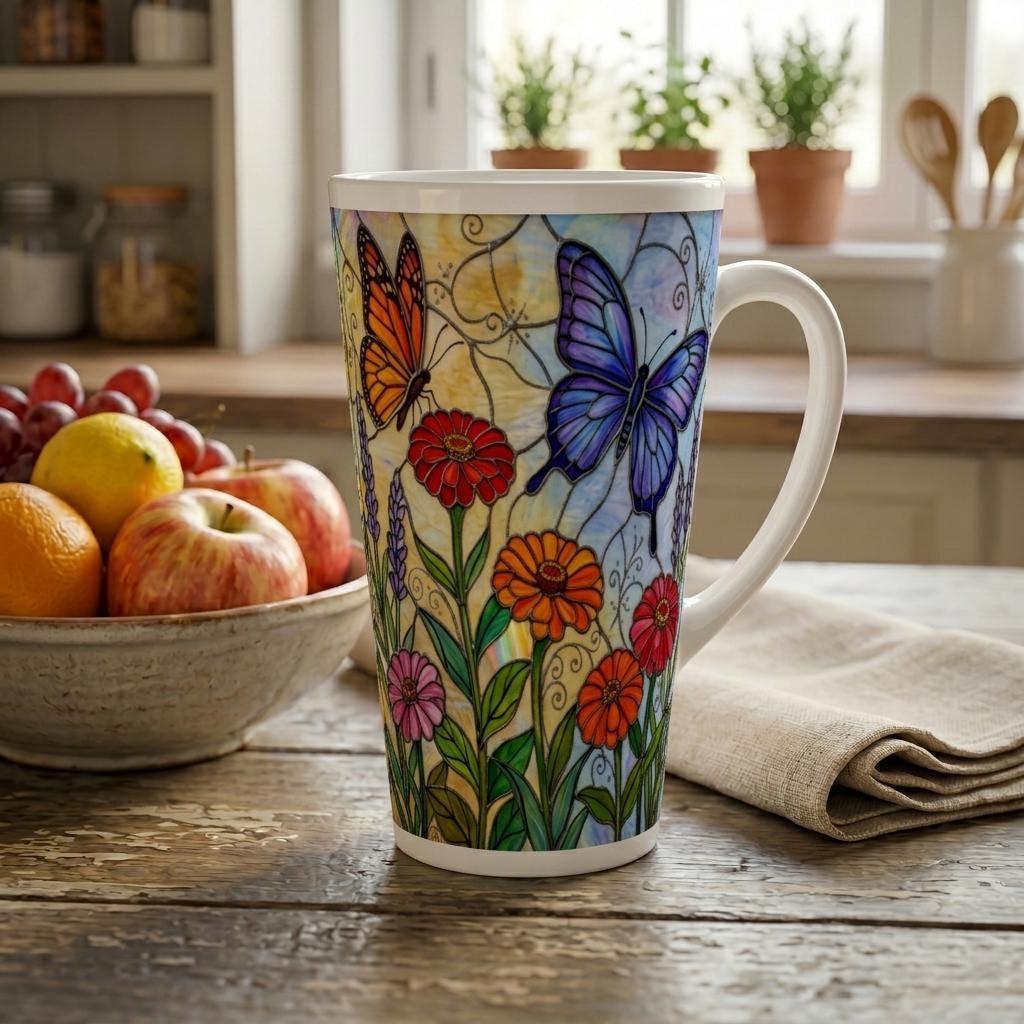 Set of 3 Cups, Butterfly, 17oz Latte Ceramic Mugs Set - Extra Tall Cup Set