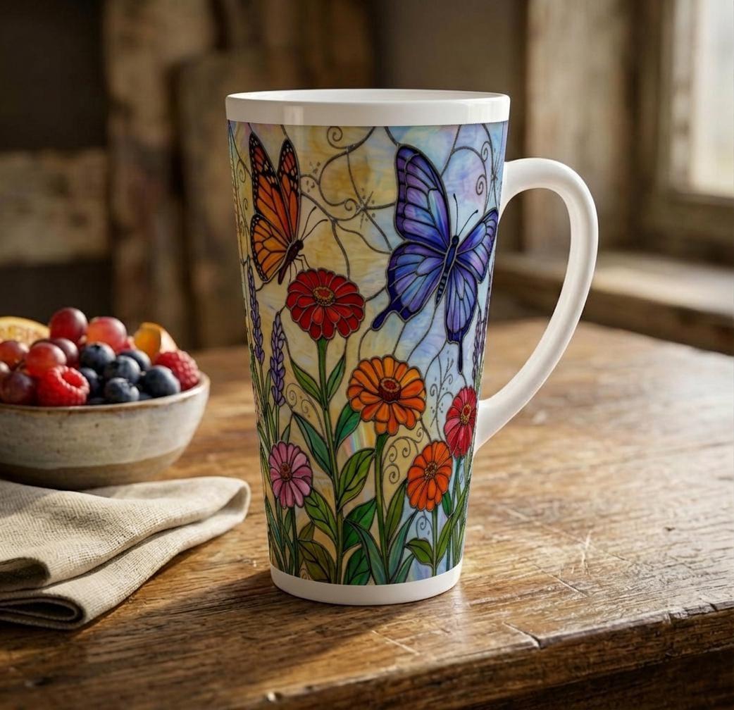 Set of 3 Cups, Butterfly, 17oz Latte Ceramic Mugs Set - Extra Tall Cup Set