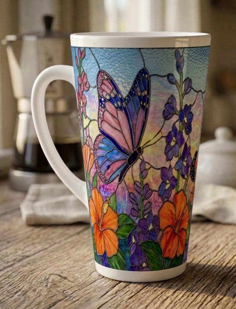Set of 3 Cups, Butterfly, 17oz Latte Ceramic Mugs Set - Extra Tall Cup Set