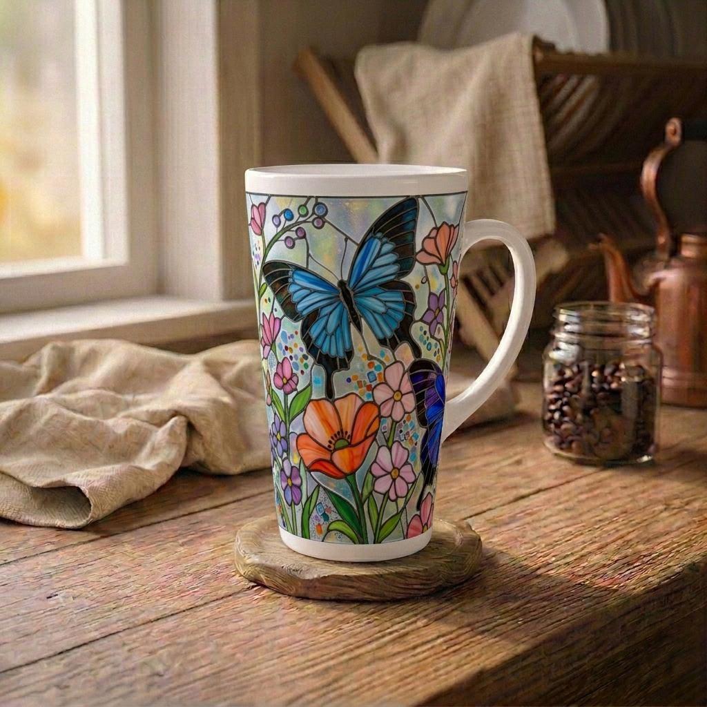 Set of 3 Cups, Butterfly, 17oz Latte Ceramic Mugs Set - Extra Tall Cup Set