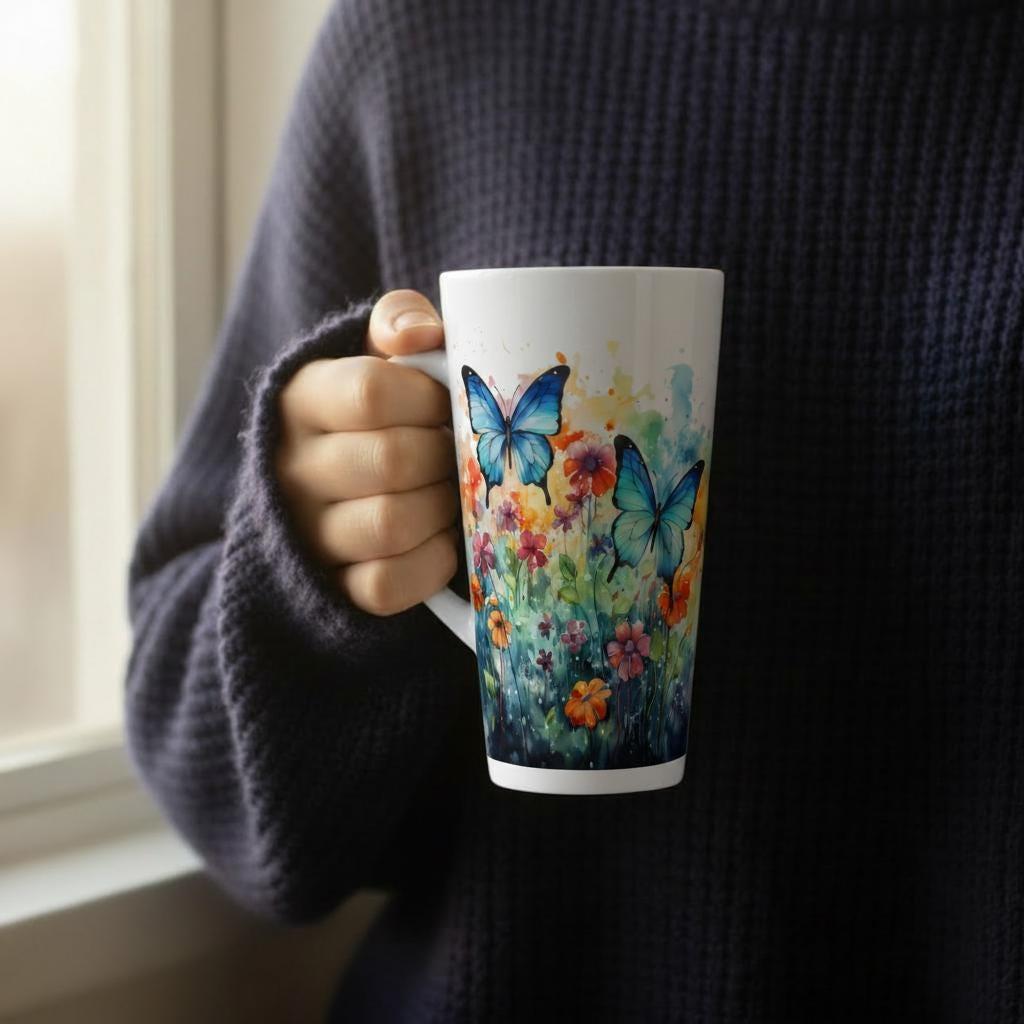 Set of 3 Cups, Butterfly, 17oz Latte Ceramic Mugs Set - Extra Tall Cup Set