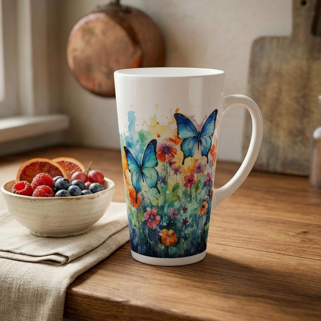 Set of 3 Cups, Butterfly, 17oz Latte Ceramic Mugs Set - Extra Tall Cup Set