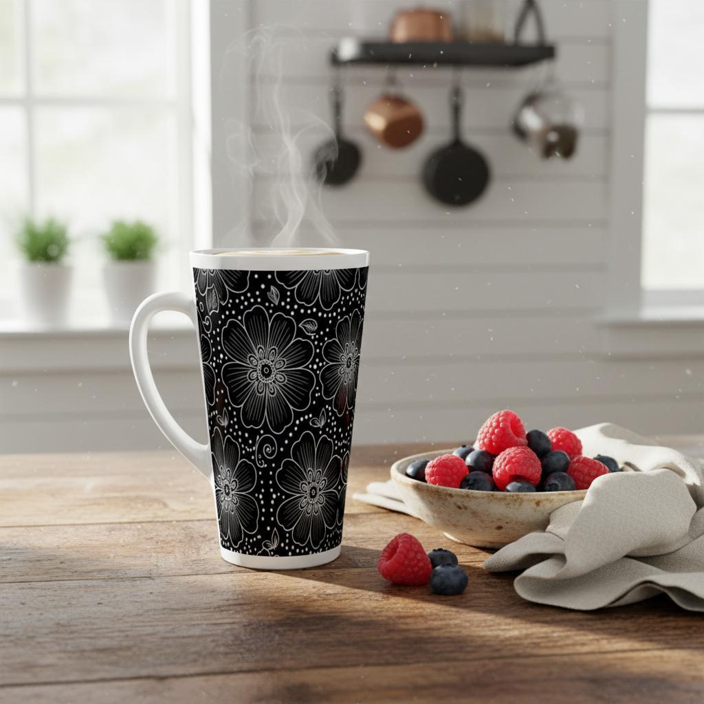 Set of 3 Cups, Floral, 17oz Latte Ceramic Mugs Set - Extra Tall Cup Set