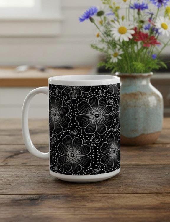 Set of Big Mugs, Floral Cup Set, Large 15 oz Matching Cups