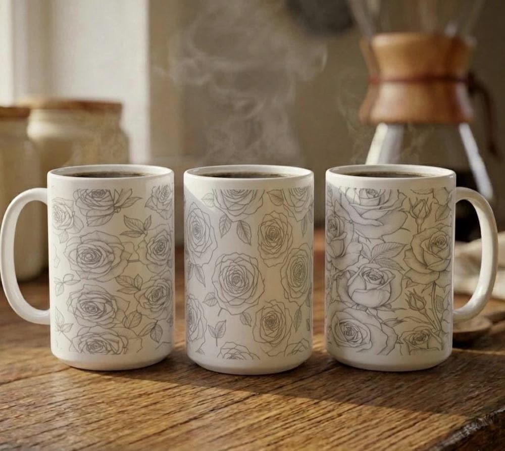 Set of Big Mugs, Floral Cup Set, Large 15 oz Matching Cups