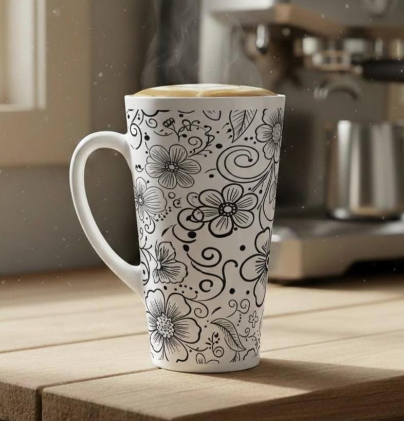 Set of 3 Cups, Floral, 17oz Latte Ceramic Mugs Set - Extra Tall Cup Set