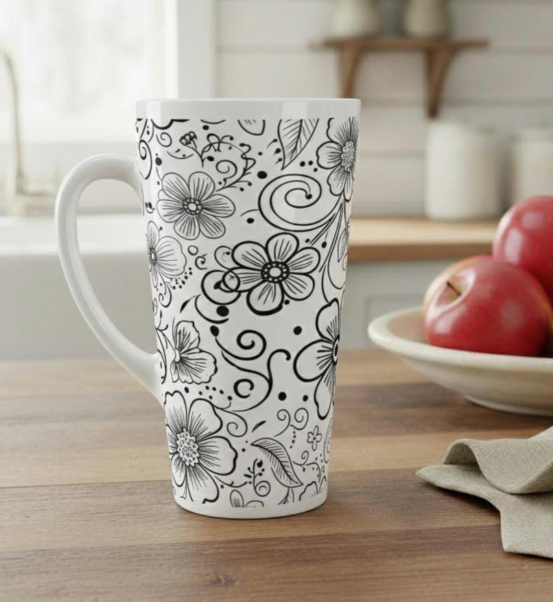 Set of 3 Cups, Floral, 17oz Latte Ceramic Mugs Set - Extra Tall Cup Set