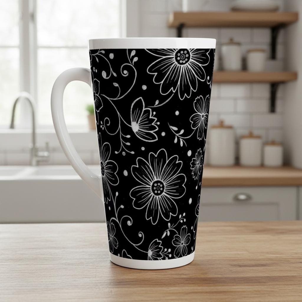 Set of 3 Cups, Floral, 17oz Latte Ceramic Mugs Set - Extra Tall Cup Set