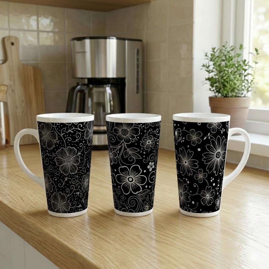 Set of 3 Cups, Floral, 17oz Latte Ceramic Mugs Set - Extra Tall Cup Set