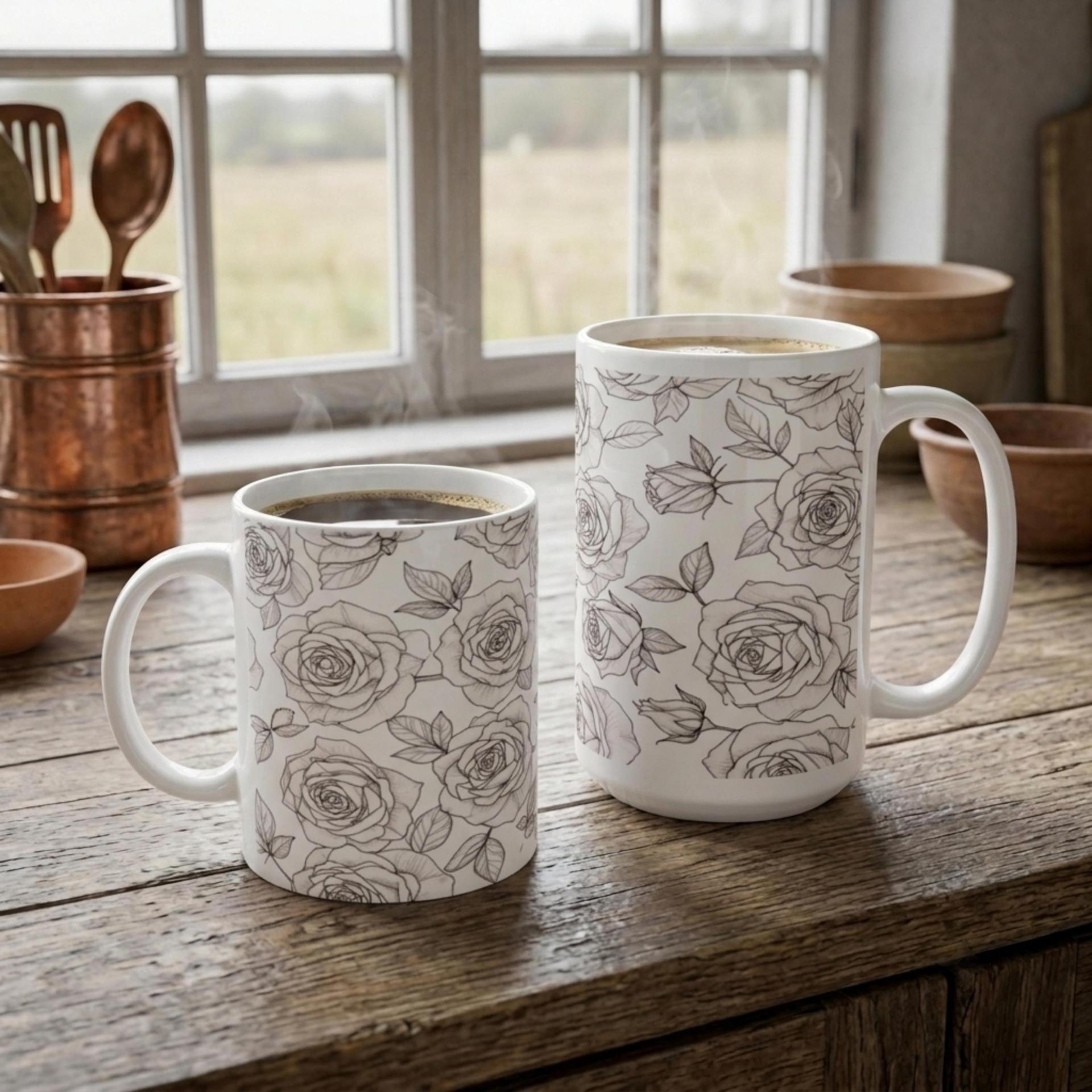 Roses, Floral Cups Set -  Large and Small Ceramic Mugs