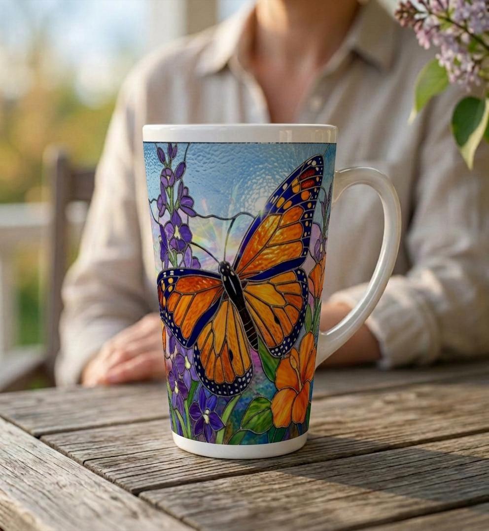 Butterfly Cup, Latte 17oz Ceramic Mug - Coffee or Tea Cup, Extra Tall