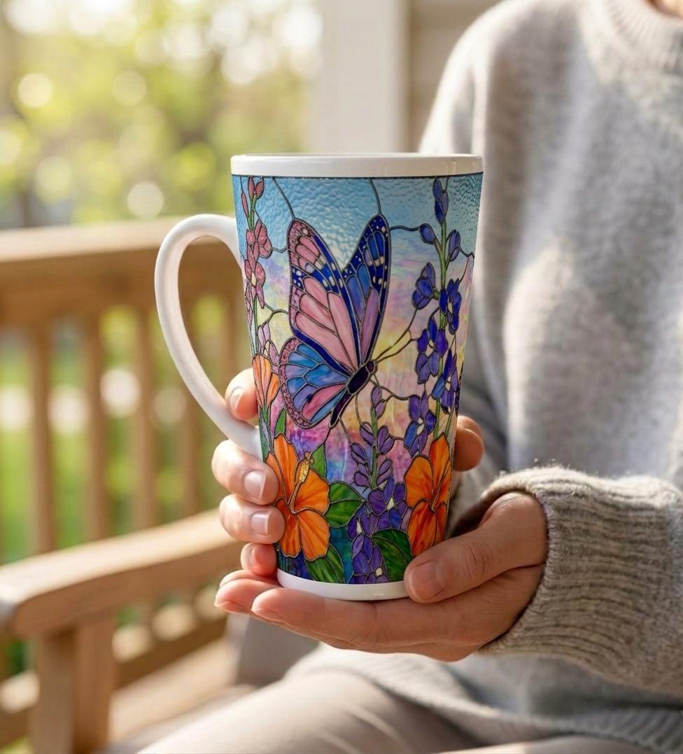 Butterfly Cup, Latte 17oz Ceramic Mug - Coffee or Tea Cup, Extra Tall