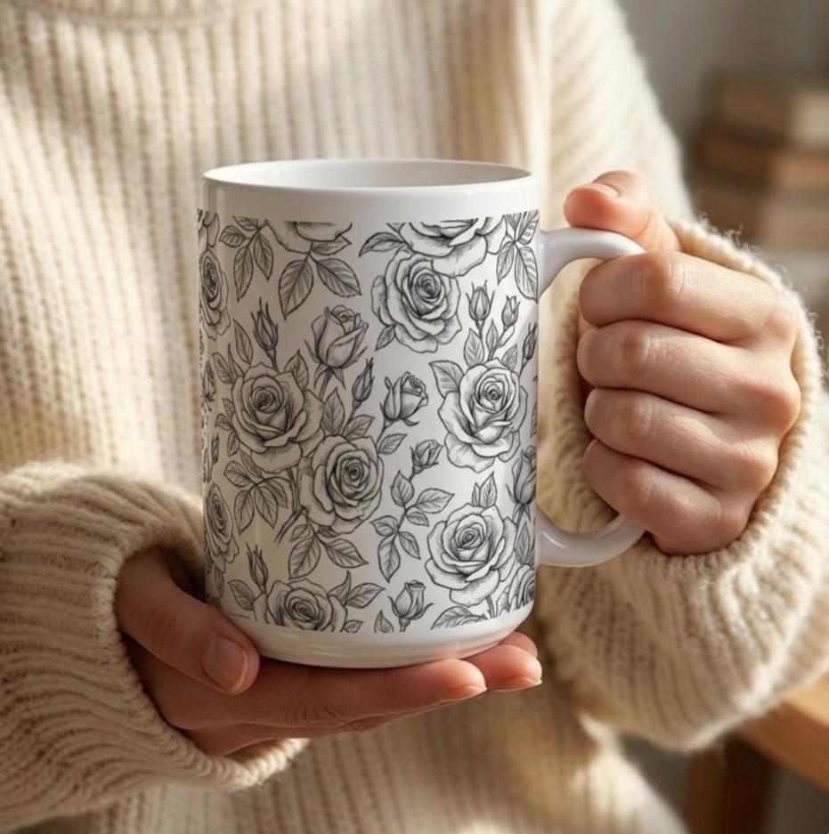 Set of Big Mugs, Floral Cup Set, Large 15 oz Matching Cups