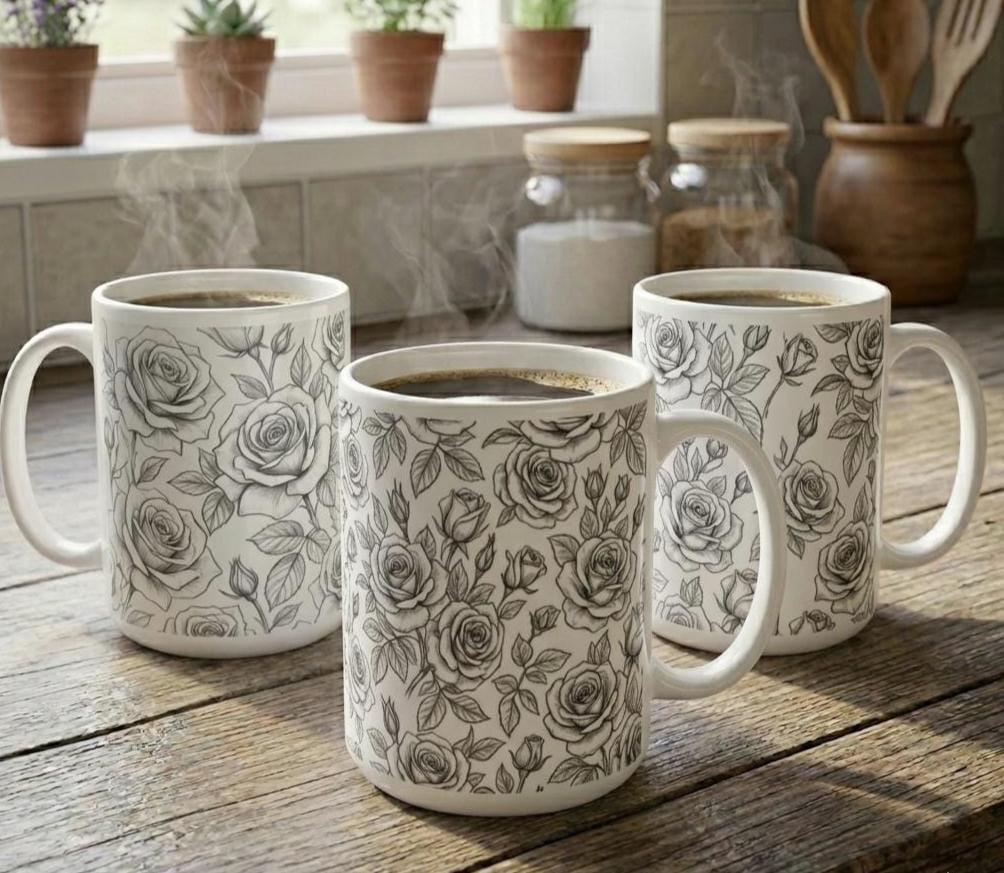 Set of Big Mugs, Floral Cup Set, Large 15 oz Matching Cups
