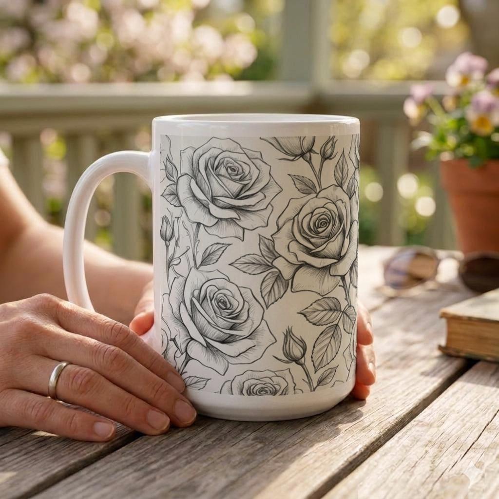 Set of Big Mugs, Floral Cup Set, Large 15 oz Matching Cups