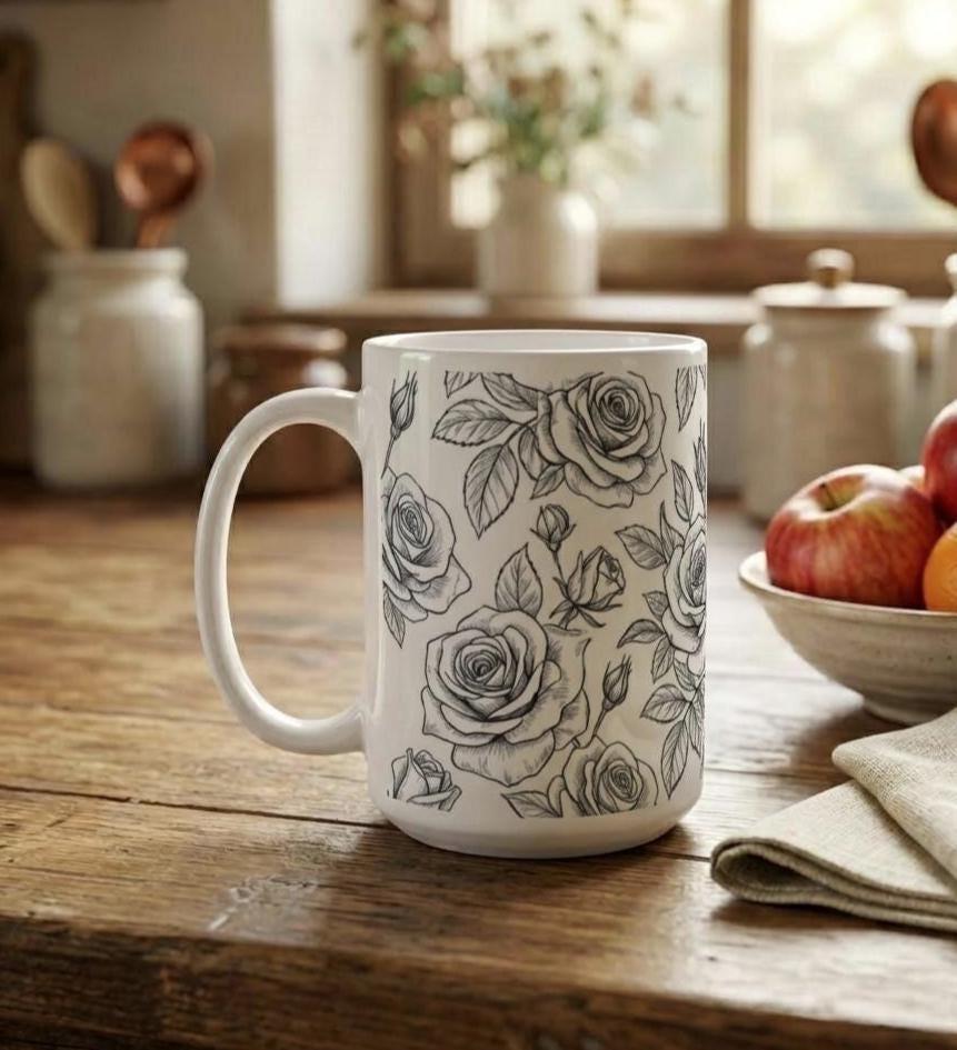 Set of Big Mugs, Floral Cup Set, Large 15 oz Matching Cups