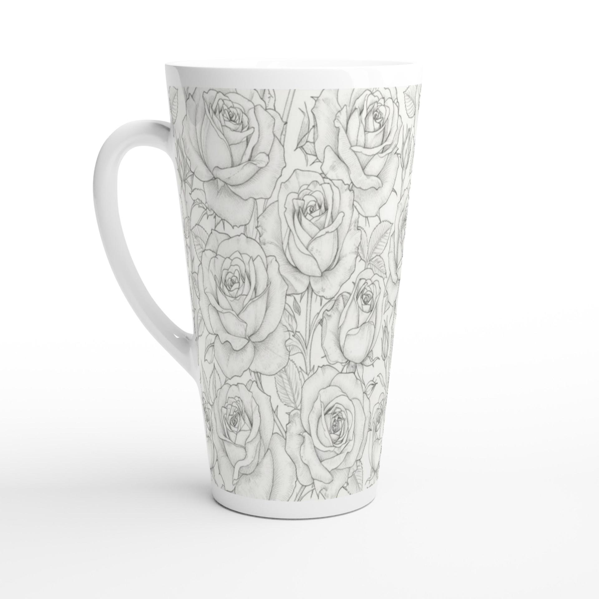 Set of 3 Cups, Floral, 17oz Latte Ceramic Mugs Set - Extra Tall Cup Set