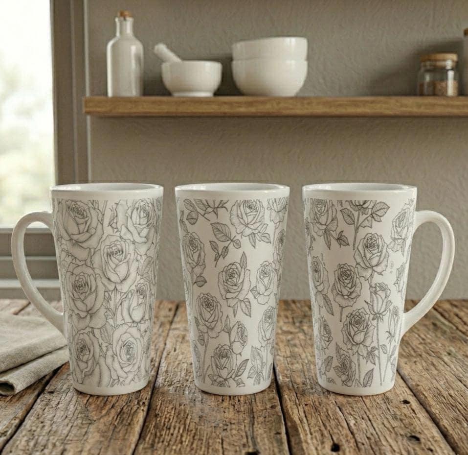 Set of 3 Cups, Floral, 17oz Latte Ceramic Mugs Set - Extra Tall Cup Set