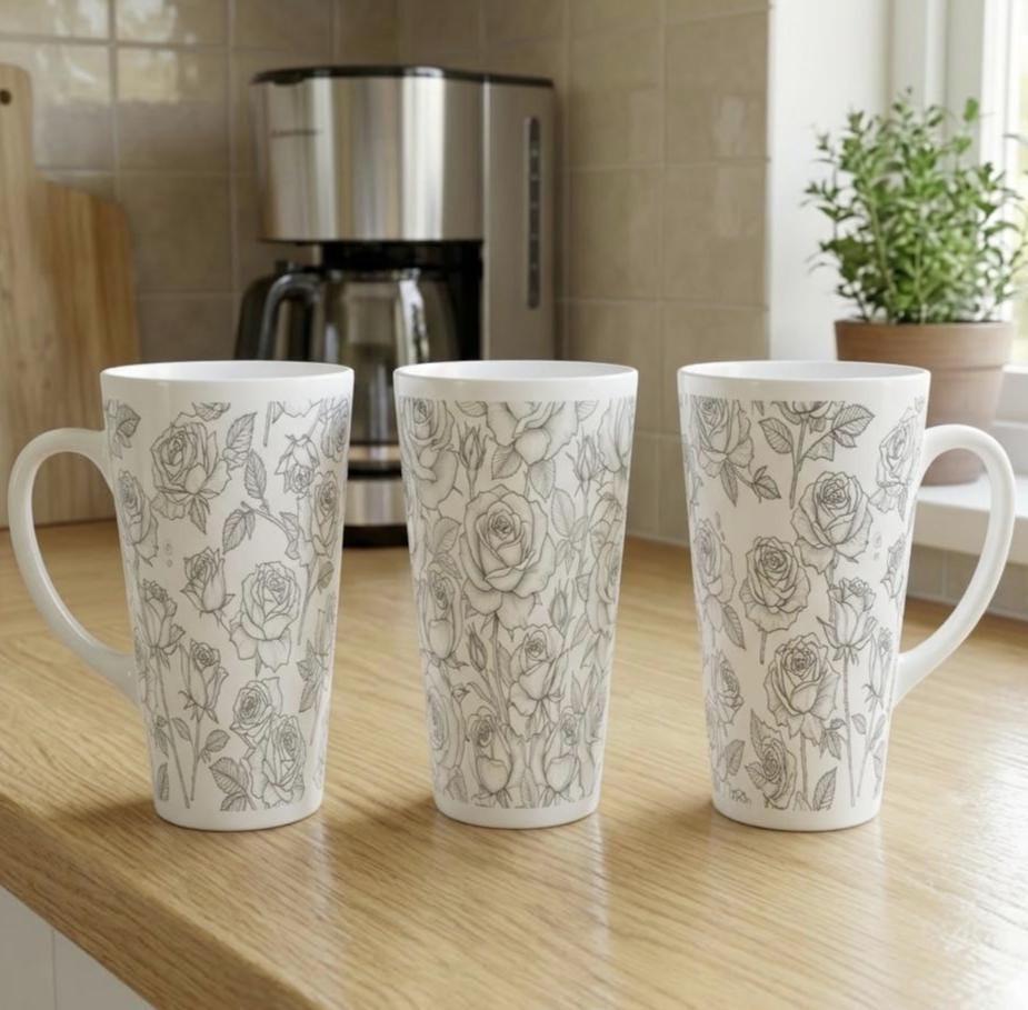 Set of 3 Cups, Floral, 17oz Latte Ceramic Mugs Set - Extra Tall Cup Set