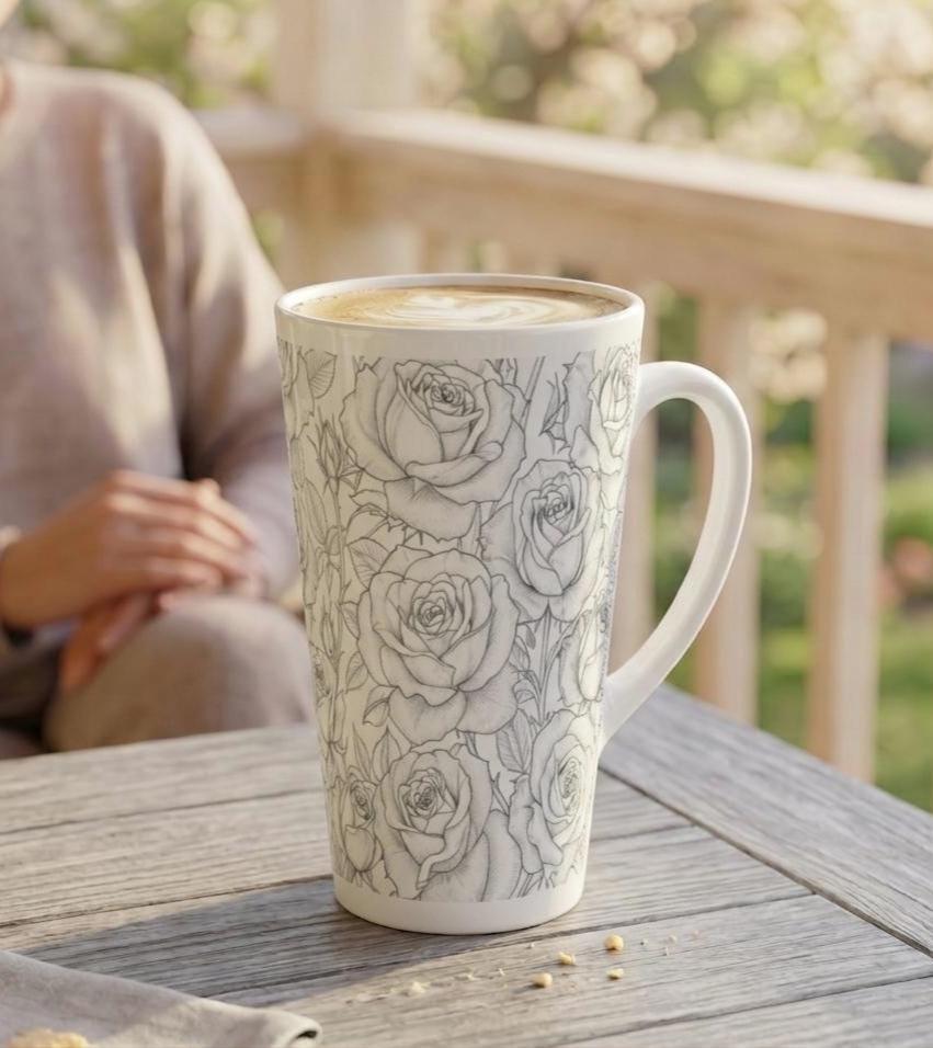 Set of 3 Cups, Floral, 17oz Latte Ceramic Mugs Set - Extra Tall Cup Set