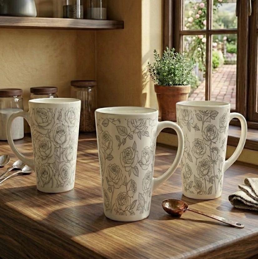 Set of 3 Cups, Floral, 17oz Latte Ceramic Mugs Set - Extra Tall Cup Set