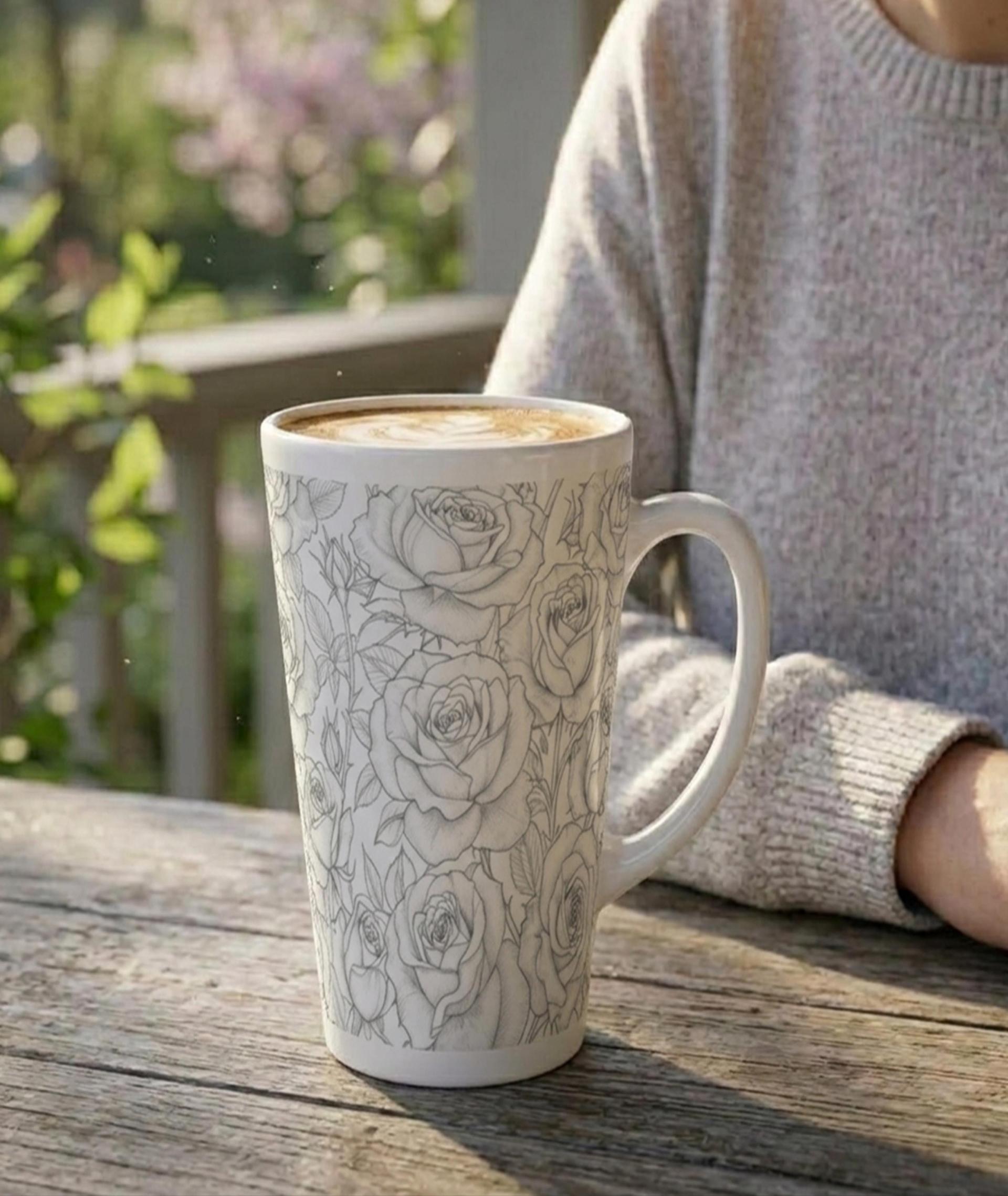 Set of 3 Cups, Floral, 17oz Latte Ceramic Mugs Set - Extra Tall Cup Set