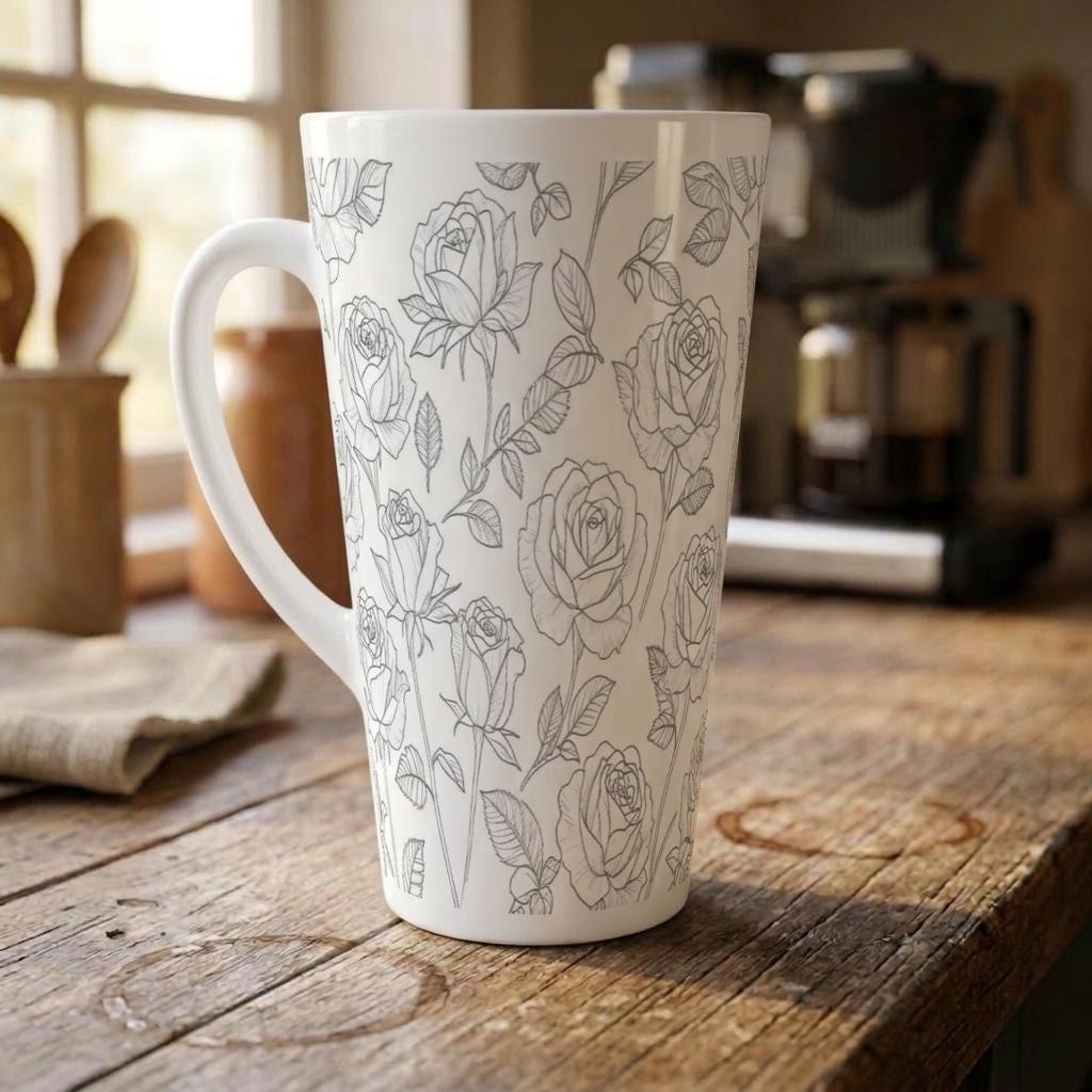 Set of 3 Cups, Floral, 17oz Latte Ceramic Mugs Set - Extra Tall Cup Set