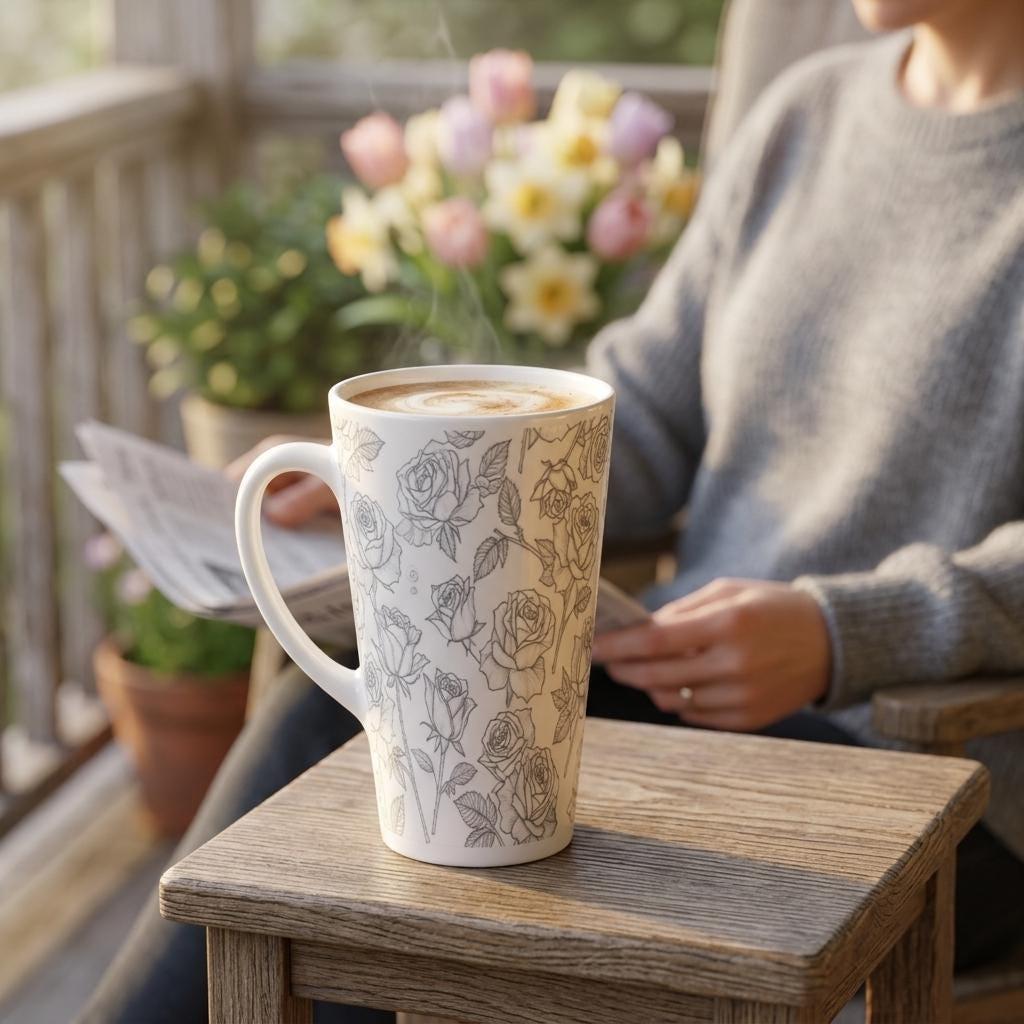 Set of 3 Cups, Floral, 17oz Latte Ceramic Mugs Set - Extra Tall Cup Set