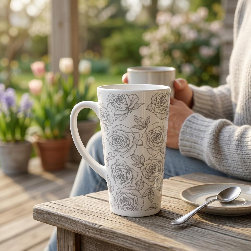 Set of 3 Cups, Floral, 17oz Latte Ceramic Mugs Set - Extra Tall Cup Set