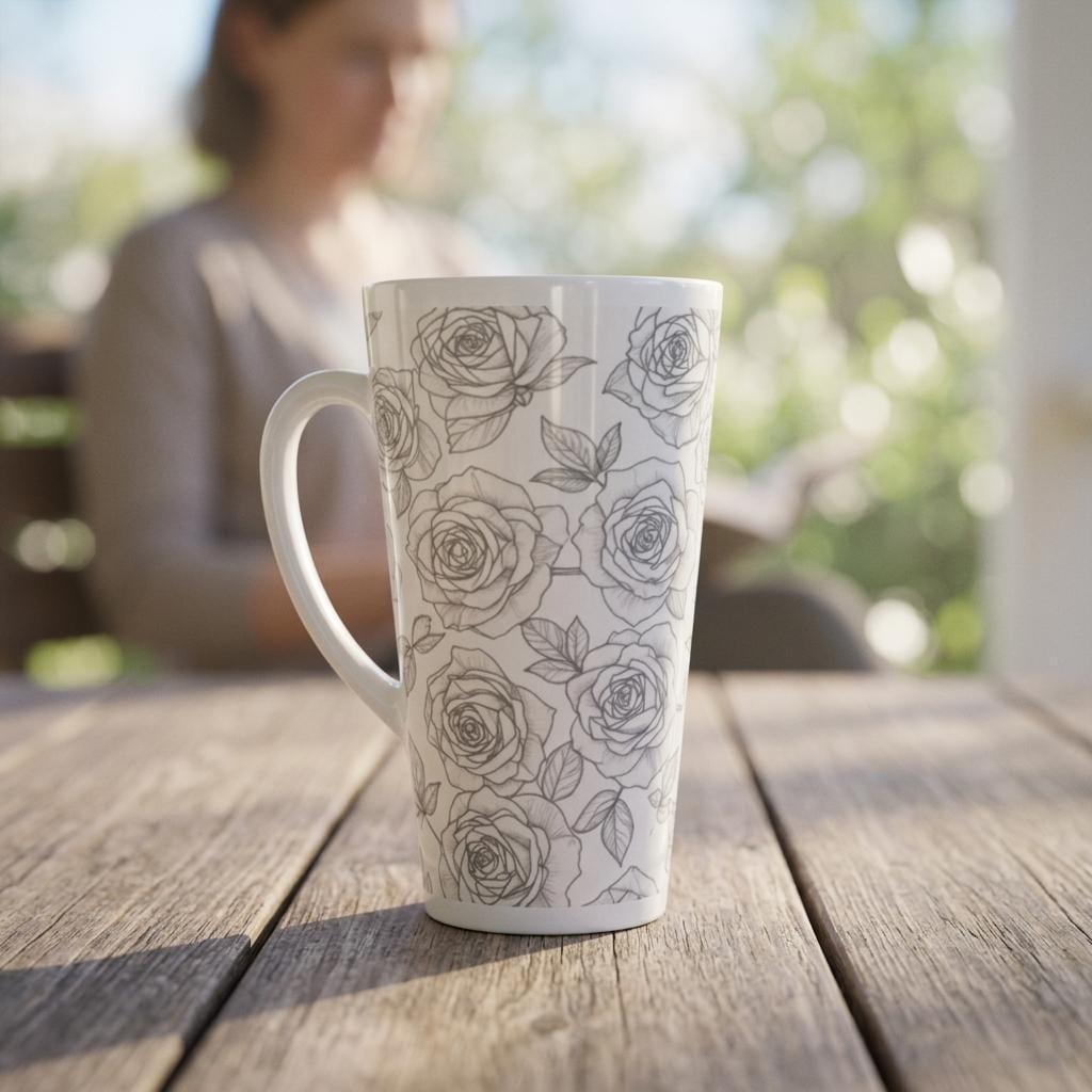 Set of 3 Cups, Floral, 17oz Latte Ceramic Mugs Set - Extra Tall Cup Set