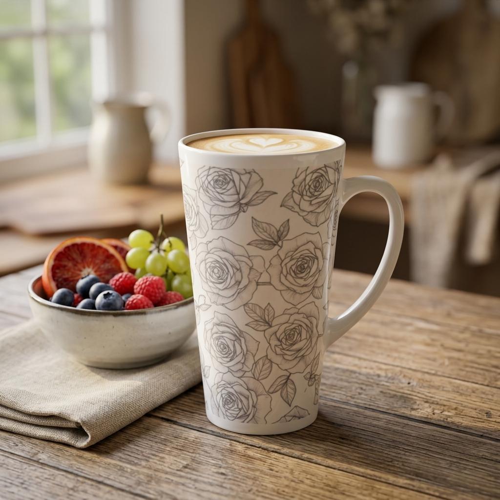 Set of 3 Cups, Floral, 17oz Latte Ceramic Mugs Set - Extra Tall Cup Set