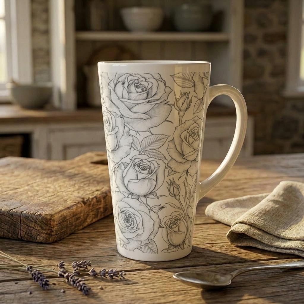 Set of 3 Cups, Floral, 17oz Latte Ceramic Mugs Set - Extra Tall Cup Set