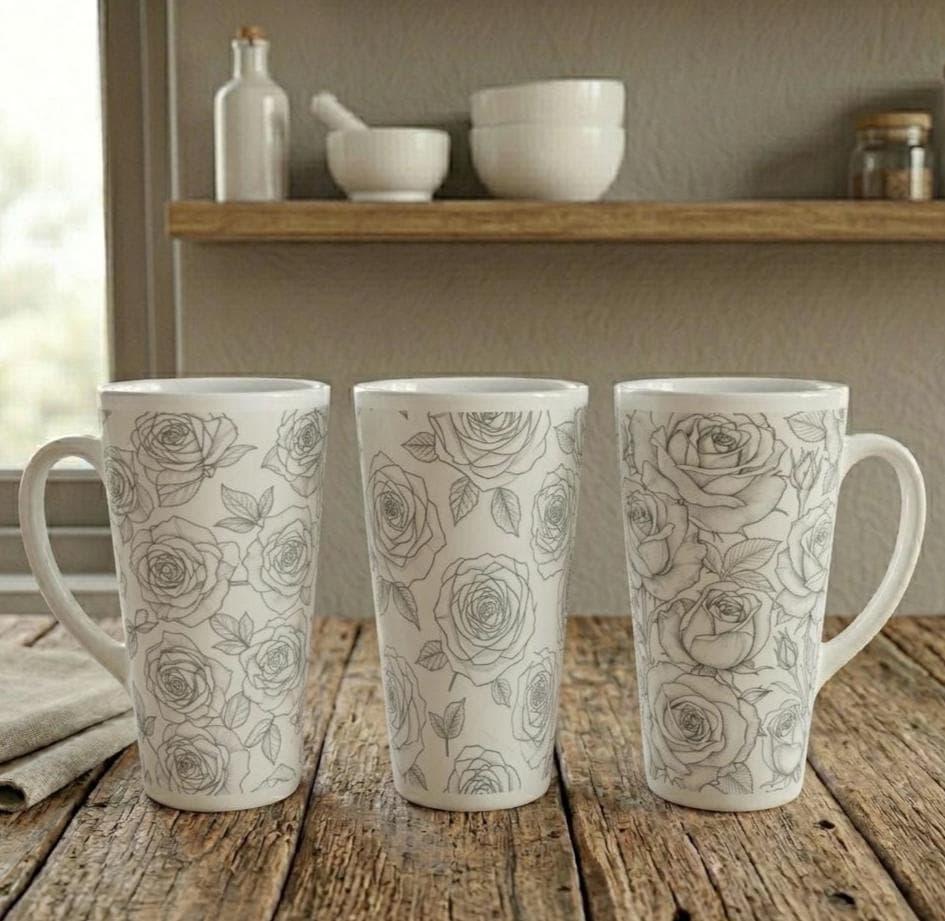 Set of 3 Cups, Floral, 17oz Latte Ceramic Mugs Set - Extra Tall Cup Set