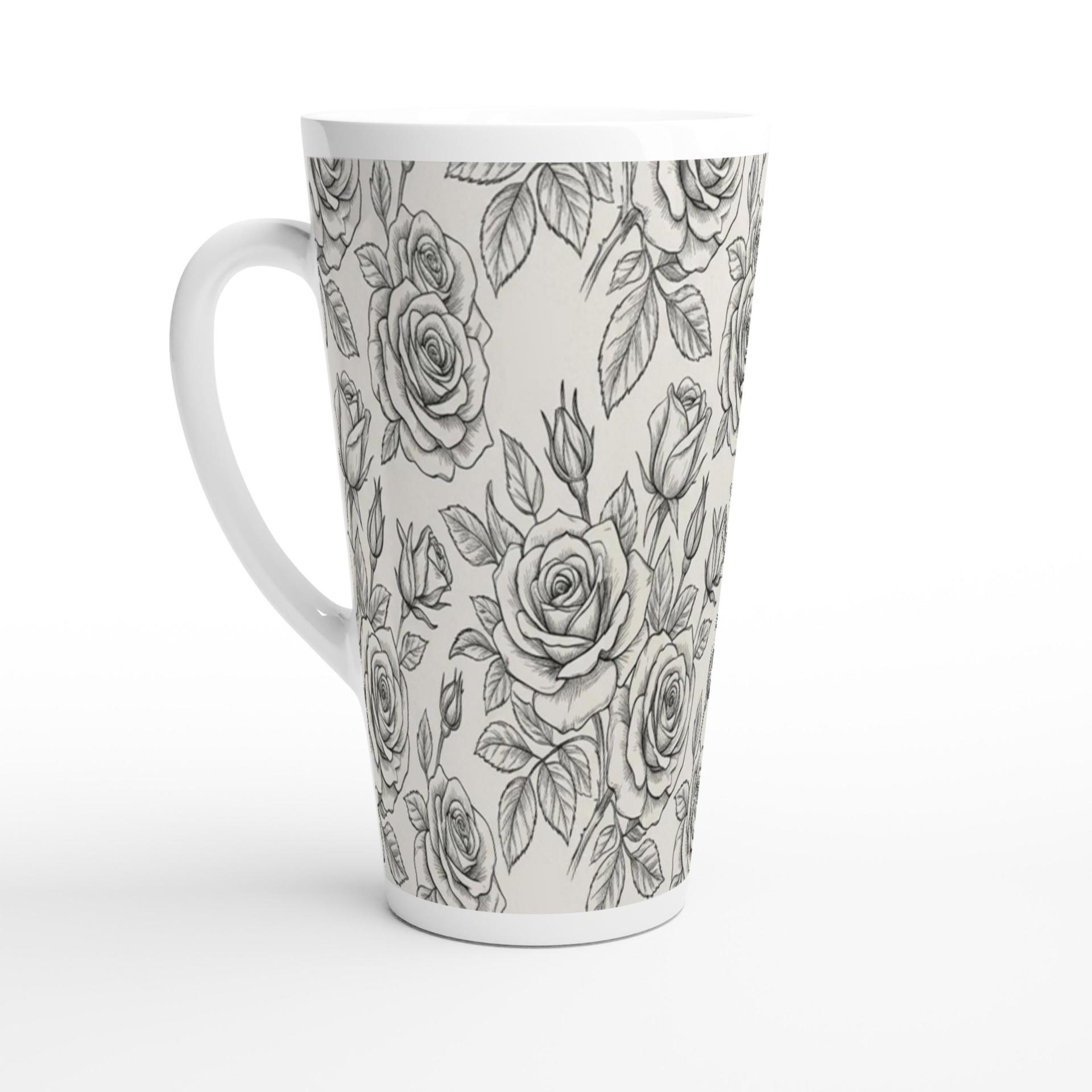 Set of 3 Cups, Floral, 17oz Latte Ceramic Mugs Set - Extra Tall Cup Set