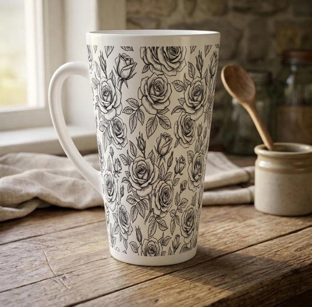 Set of 3 Cups, Floral, 17oz Latte Ceramic Mugs Set - Extra Tall Cup Set