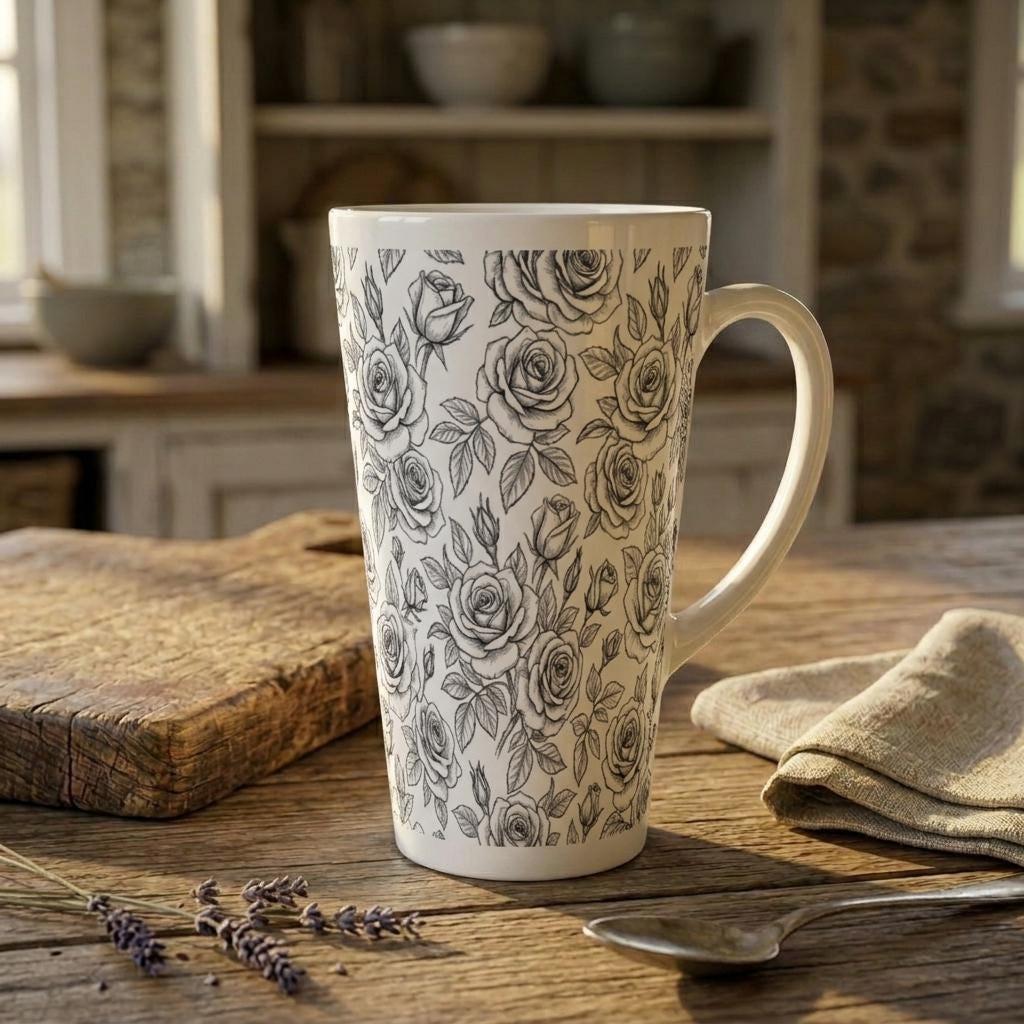 Set of 3 Cups, Floral, 17oz Latte Ceramic Mugs Set - Extra Tall Cup Set