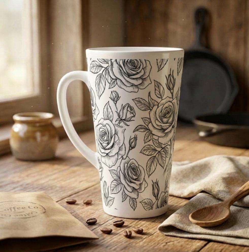 Set of 3 Cups, Floral, 17oz Latte Ceramic Mugs Set - Extra Tall Cup Set